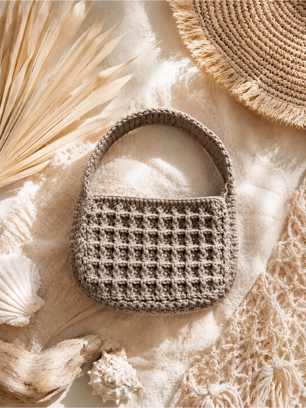 Handcrafted Crochet Mini Waffle Hand Bag Purse in Beige/Taupe